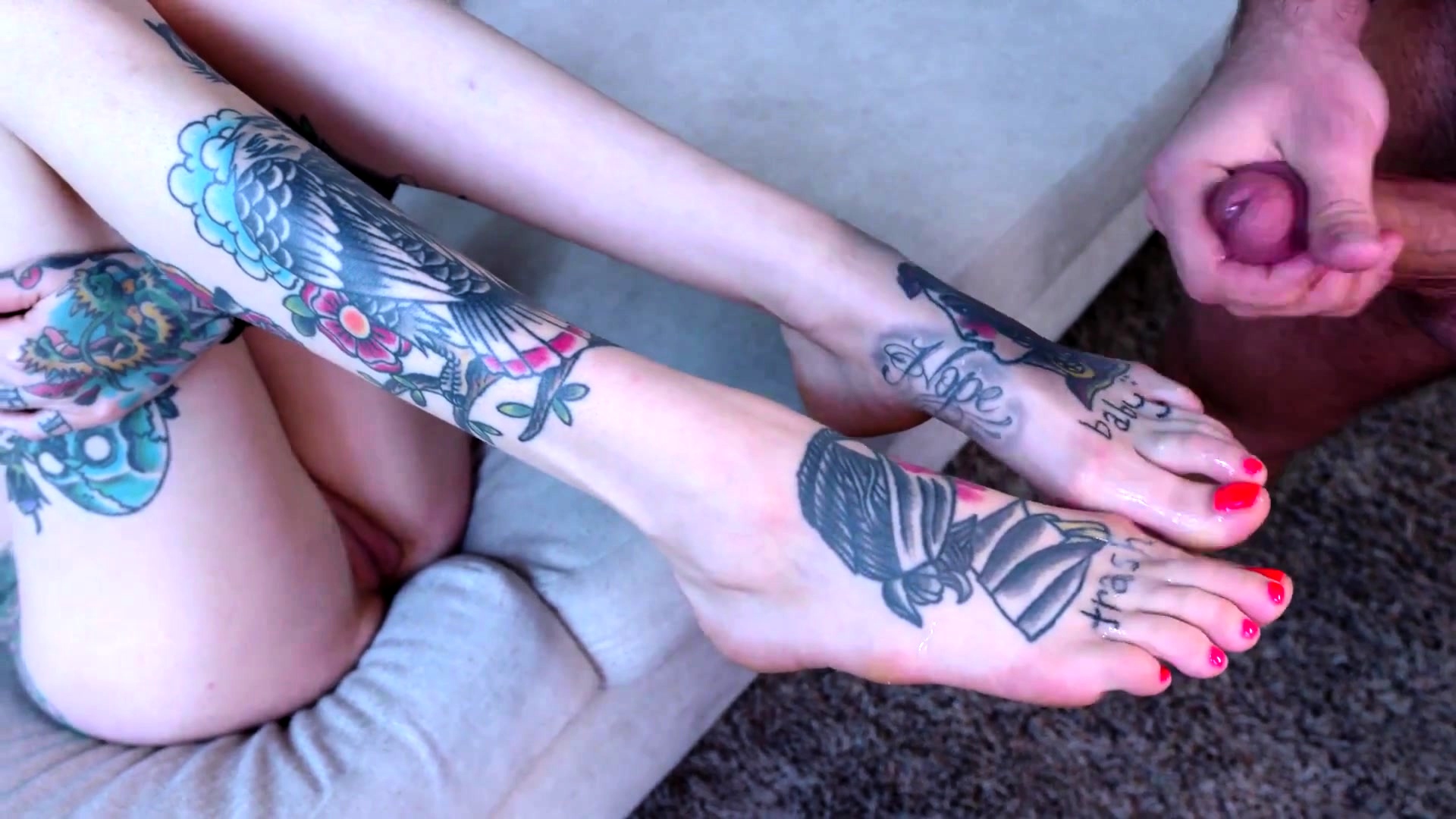 Cum Foot Tattoo - Inked Babe Rides A Cock And Gets Her Feet Sprayed With Cum Video at Porn Lib